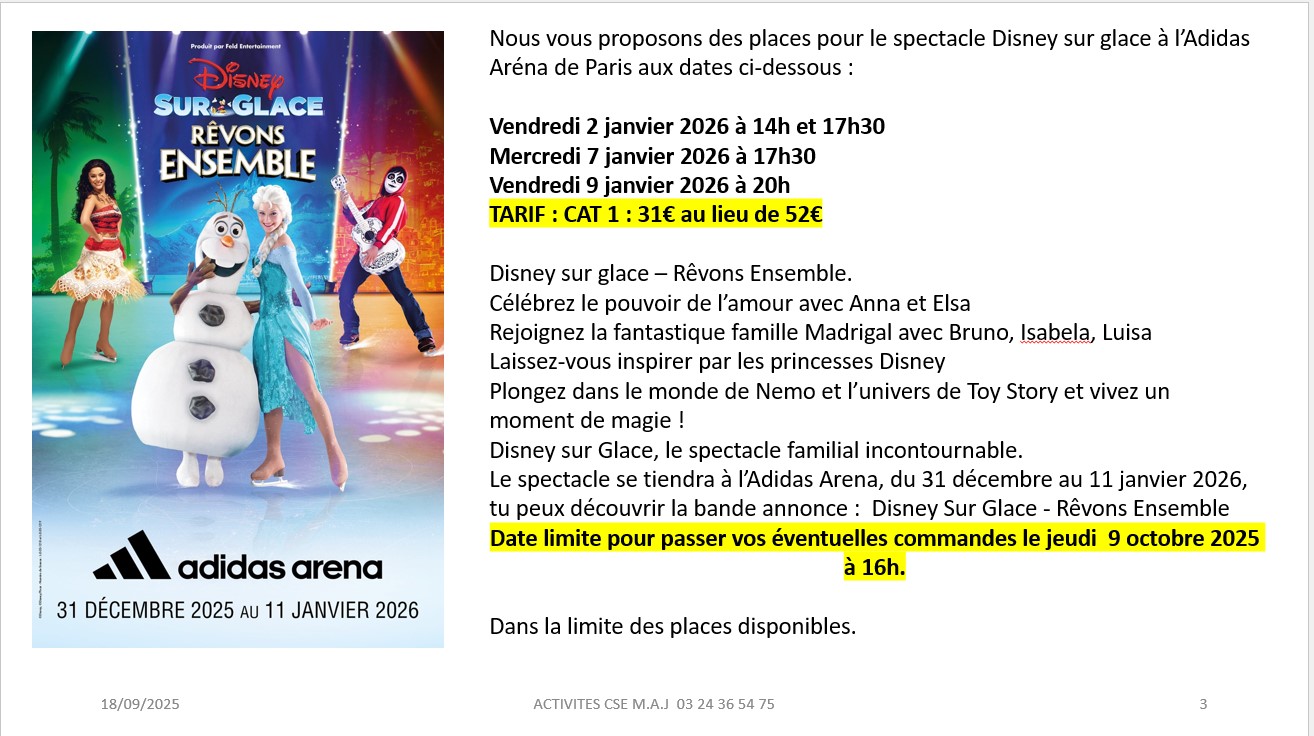 Nous vous proposons des places pour le spectacle Disney sur glace à l’Adidas Aréna de Paris aux dates ci-dessous :