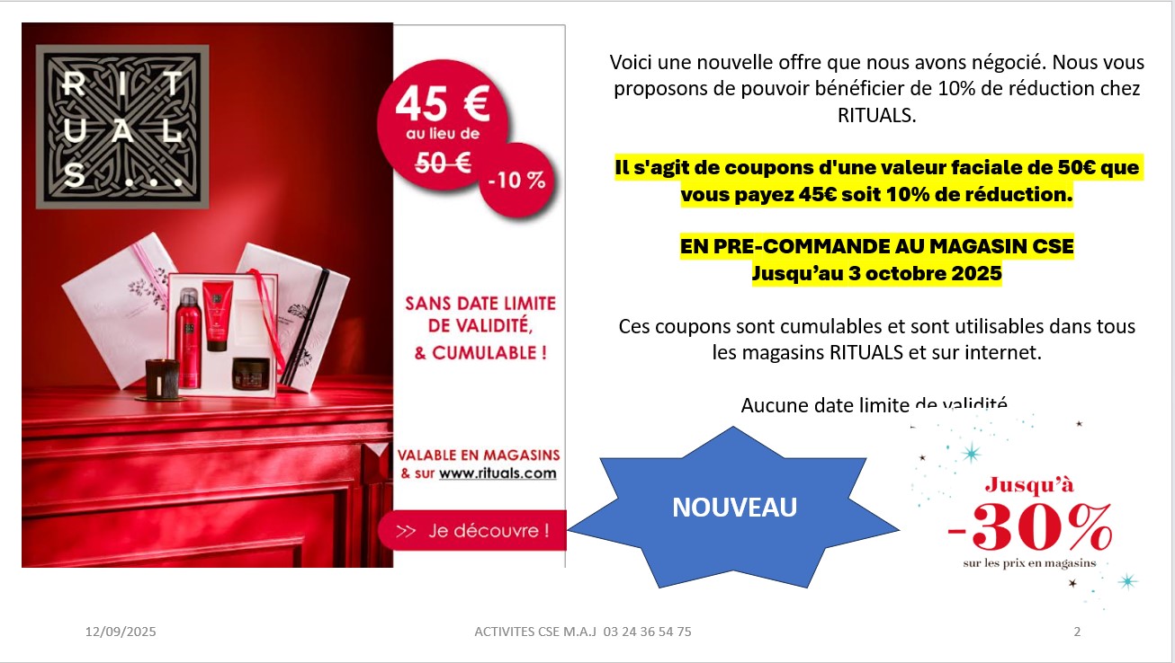 Voici une nouvelle offre que nous avons négocié. Nous vous proposons de pouvoir bénéficier de 10% de réduction chez RITUALS.