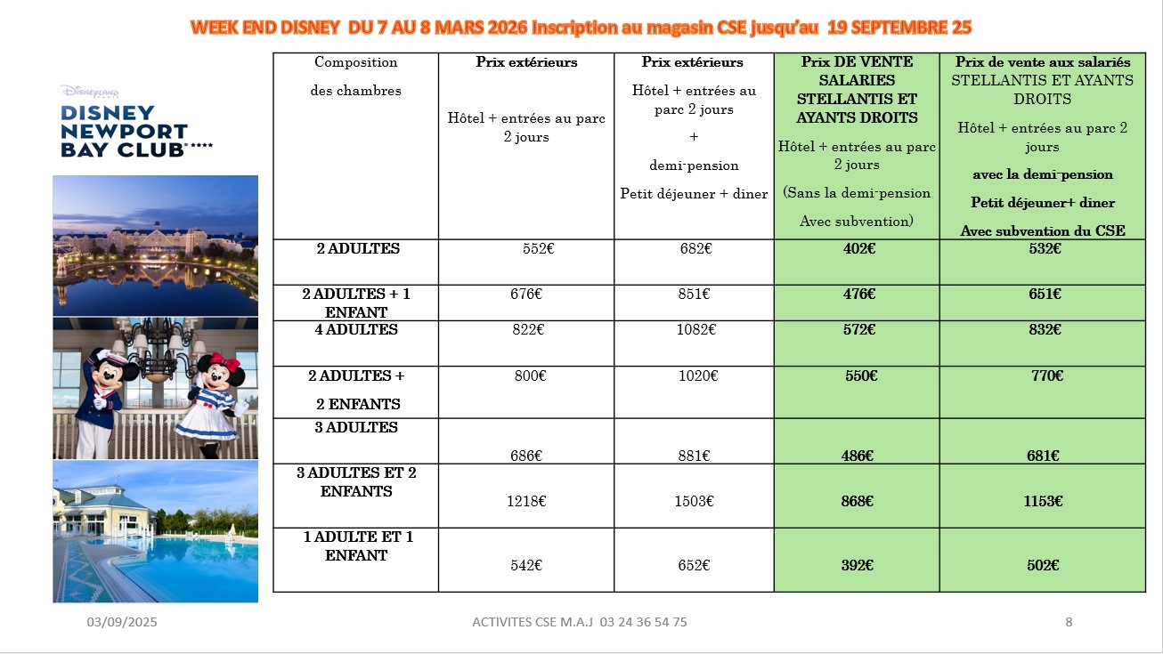WEEK END DISNEY  DU 7 AU 8 MARS 2026 Inscription au magasin CSE jusqu’au  19 SEPTEMBRE 25