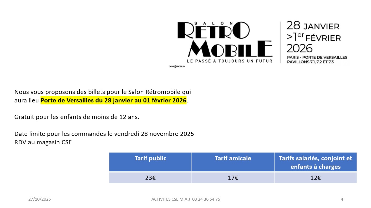 Nous vous proposons des billets pour le Salon Rétromobile qui aura lieu Porte de Versailles du 28 janvier au 01 février 2026.