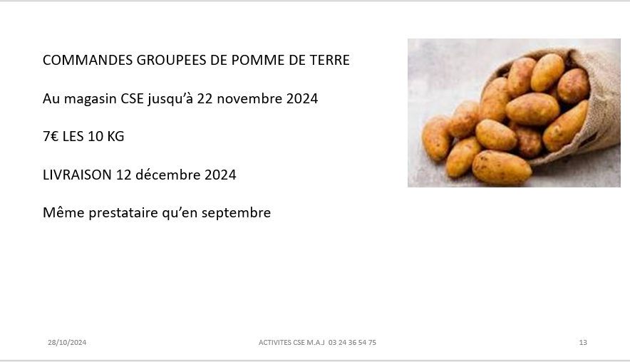 Commandes groupées de pomme de terre au magasin CSE jusqu’au 22 novembre 2024