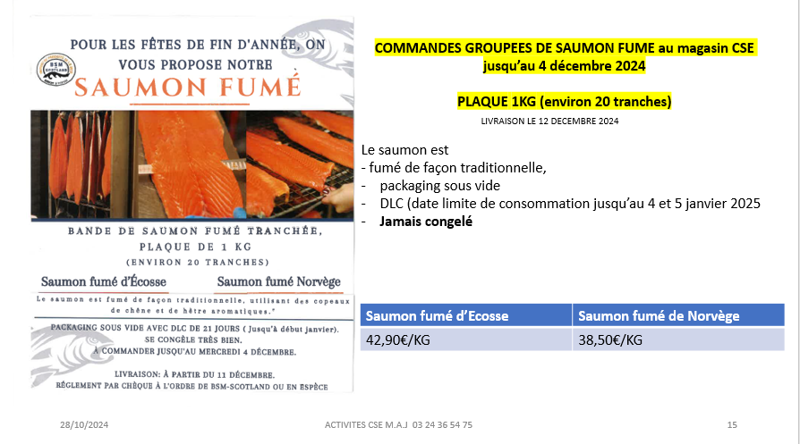 COMMANDES GROUPEES DE SAUMON FUME au magasin CSE jusqu’au 4 décembre 2024