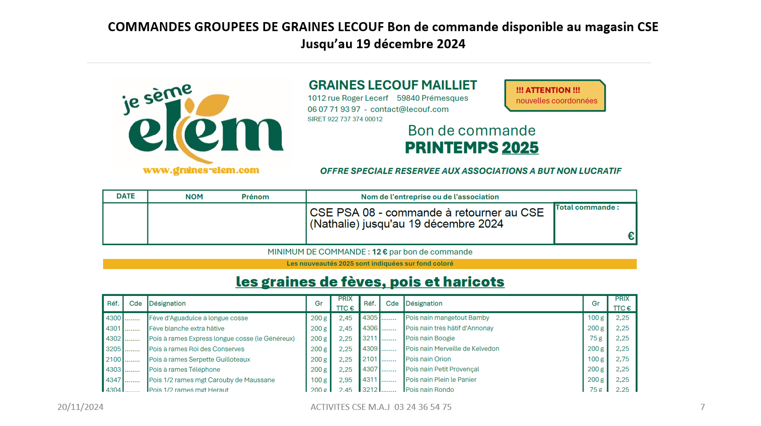 ELEM COMMANDES GROUPEES DE GRAINES