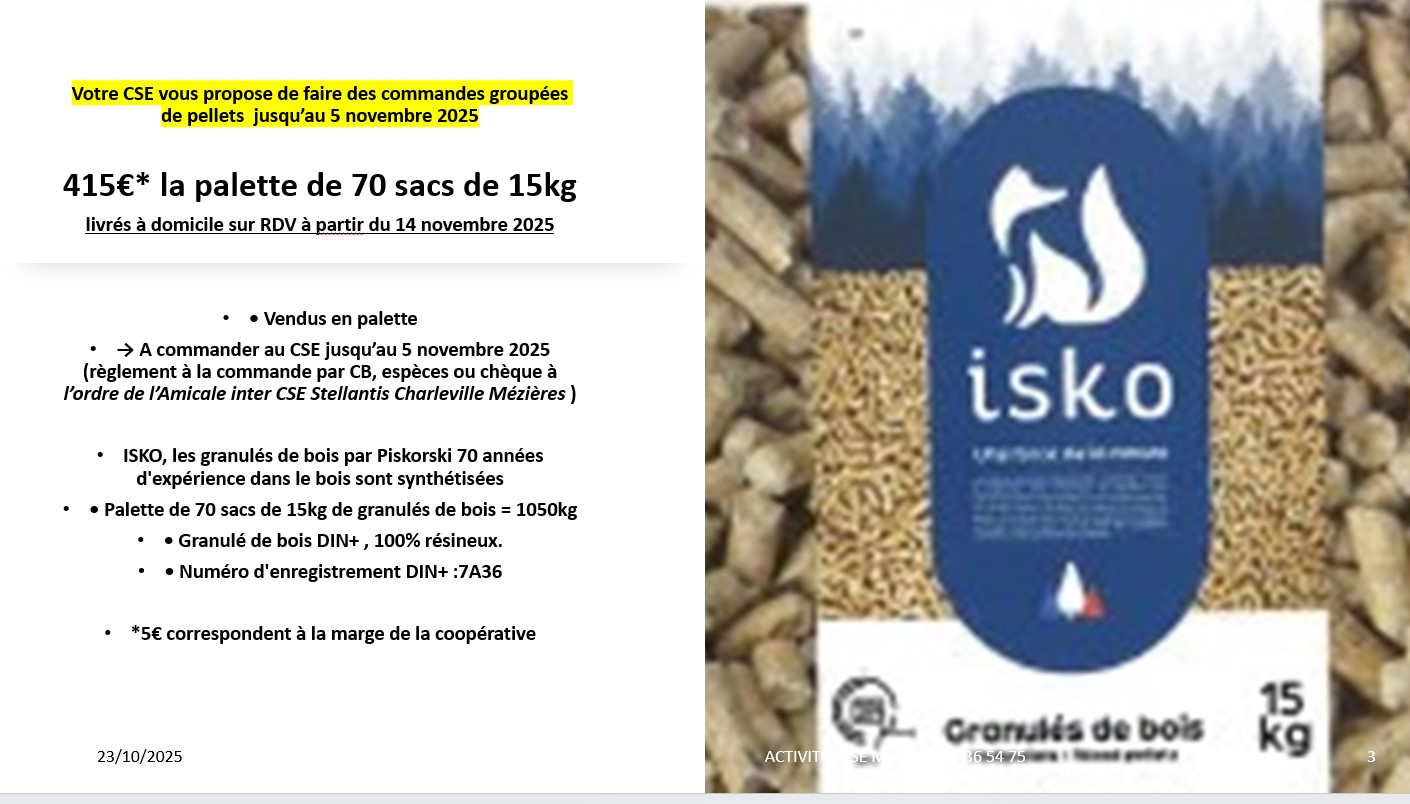 Votre CSE vous propose de faire des commandes groupées de pellets  jusqu’au 5 novembre 2025